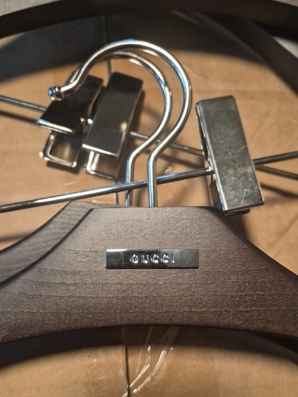 Gucci Dark Brown Wooden Suit Hangers with Silver Metal Clips (Set)